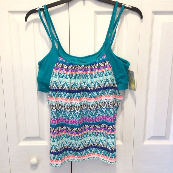 Go Gossip Womens Aqua Aztec Print Layered Cut Out Tankini Swimsuit Top Size XL - Picture 6 of 8